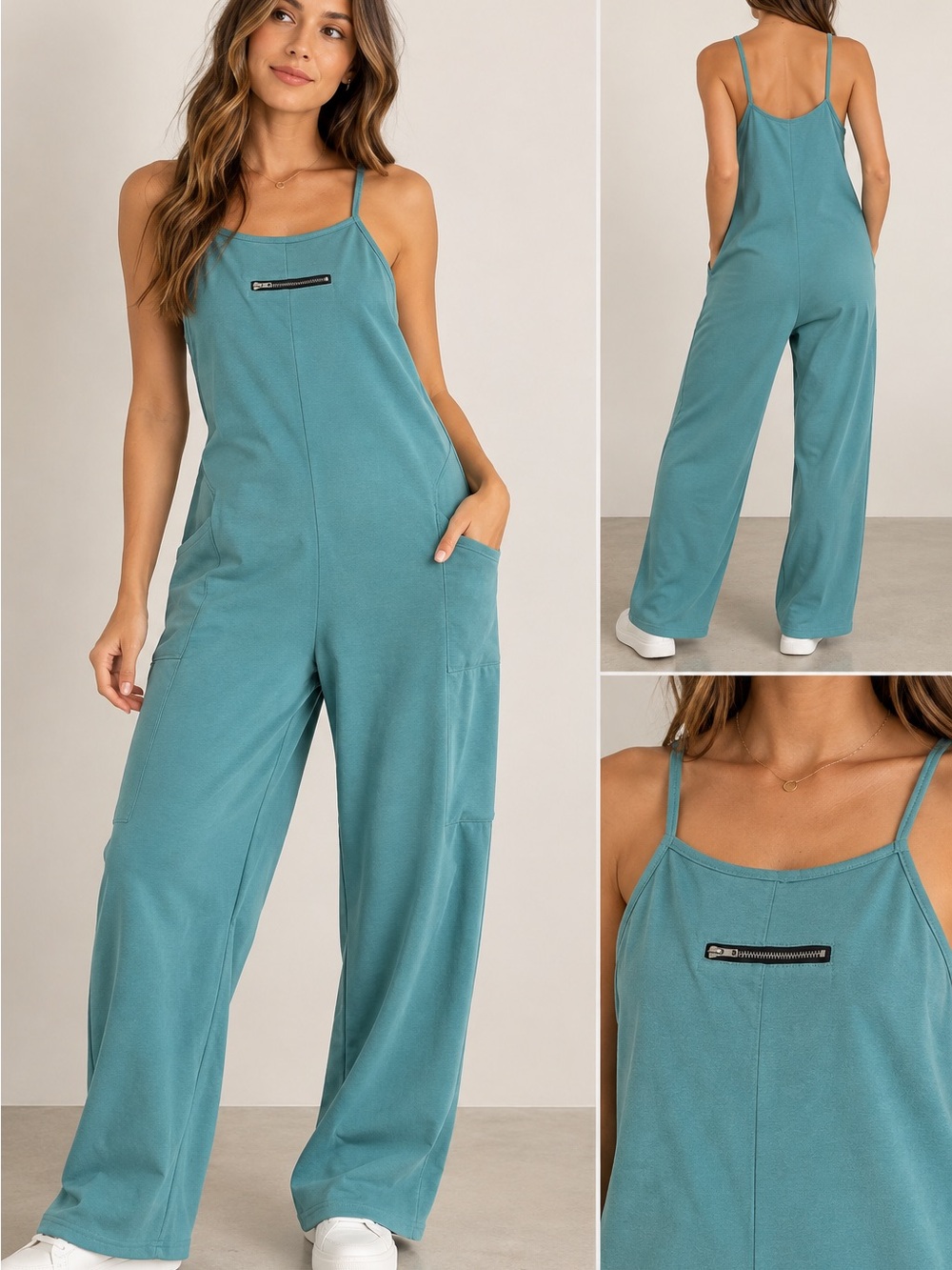 SHEIN Teal Wide-Leg Spaghetti Strap Jumpsuit with Front Zip Detail